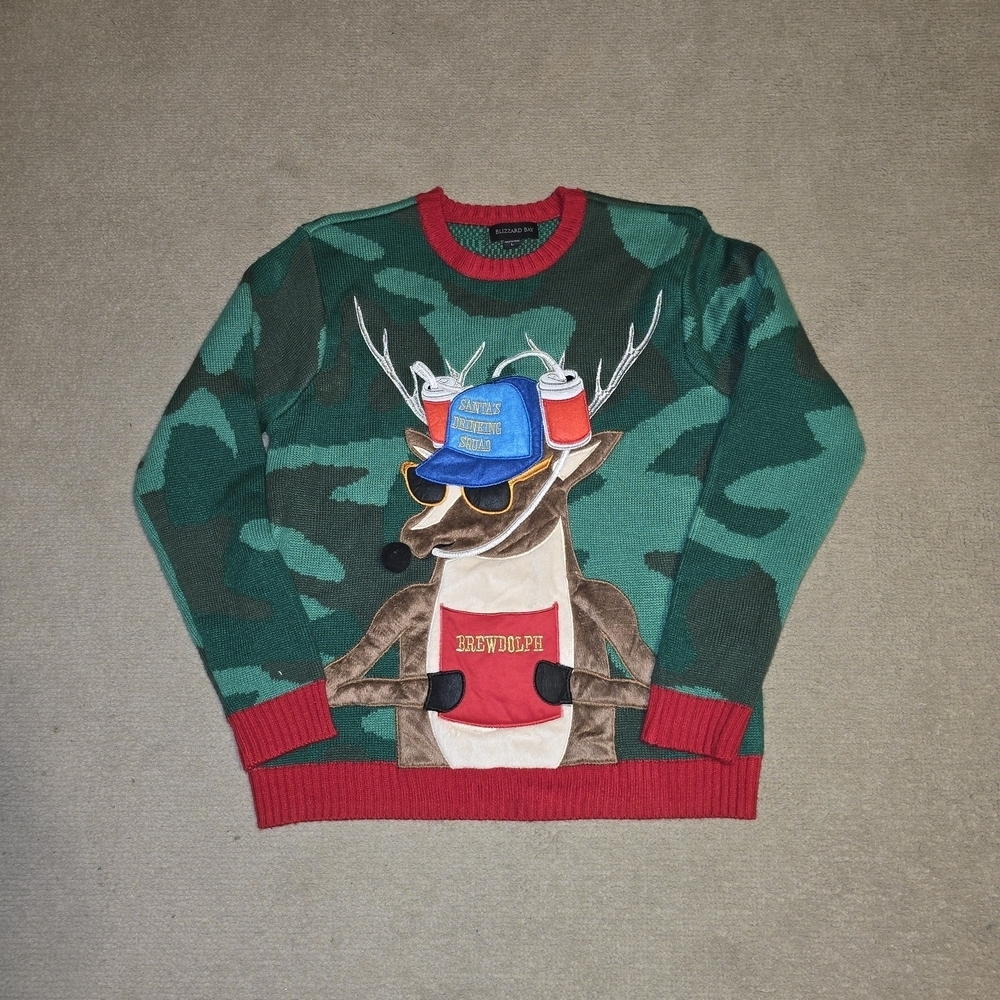 BLIZZARD BAY UGLY CHRISTMAS SWEATER BREWDOLPH CAMO MENS LARGE EUC - Picture 2 of 6
